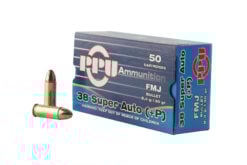 PPU PPH38SU Handgun 38 Super +P 130 gr Full Metal Jacket (FMJ) Handgun Ammo - 50 Rounds